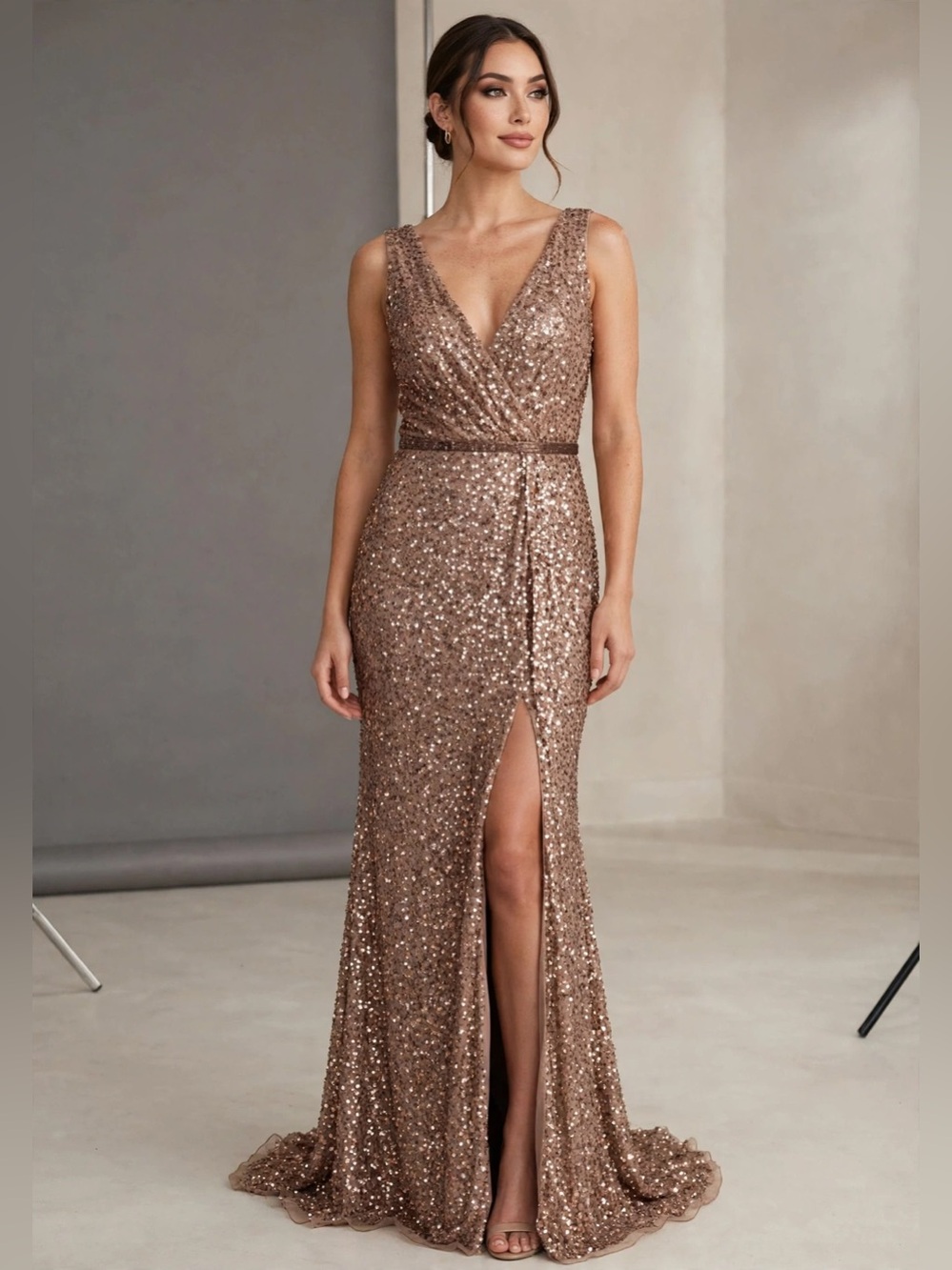 Designer Mac Duggal Rose Gold Sequin/Beaded Evening Gown.